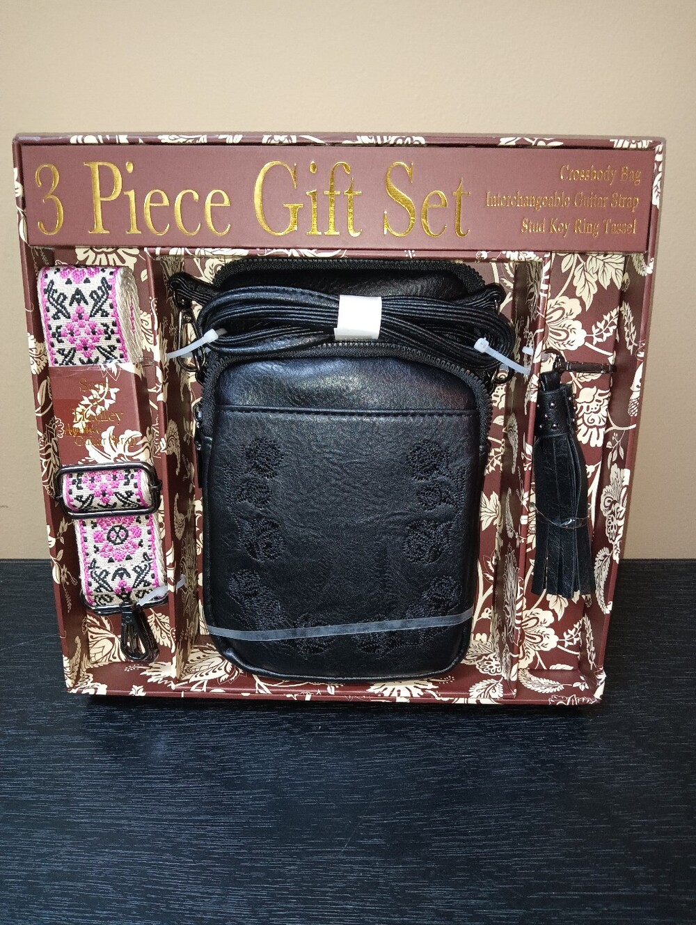 3 Piece Black Crossbody Gift Set with Pink Embroidered Strap